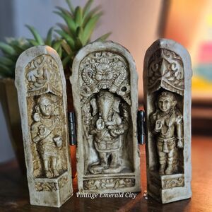 Vtg Stone Trifold Prayer Hindu God Ganesh The God Of Wisdom Triptych Meditation